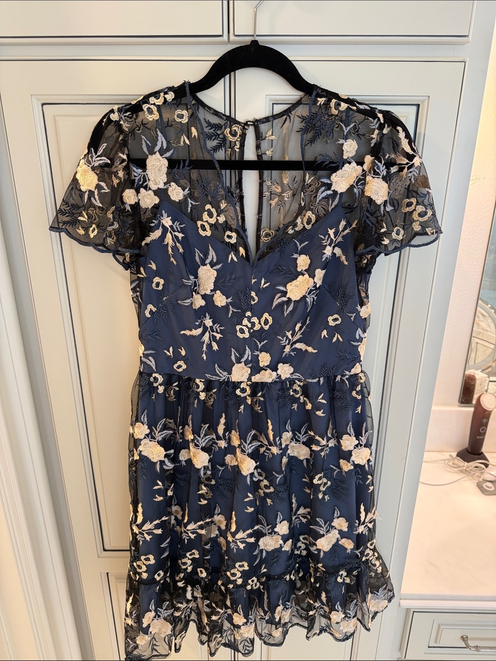 Gal Meets Glam Navy Dress with Cream Floral Embroidery - - Picture 5 of 6